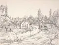 Richard Dreher, Dorfstrasse Eschdorf, Wohl 1920, Federzeichnung in Tusche auf leichem Karton