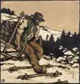 Pierre Waidmann, Köhler mit Holzschlitten / Köhlerin / Köhler mit Holzschlitten (große Motivversion) / Gehöft unter Kiefern. Wohl 1910er Jahre, Farbholzschnitte, "Köhler mit Holzschlitten" und "Köhlerin" aquarelliert, "Gehöft unter Kiefern" mit Deckfarben gehöht