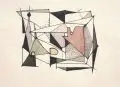 Erhard Hippold, Architekturkomposition mit rotem Dach / Häuser / Stillleben / Vogel / Geometrische Komposition, Um 1953, Federzeichnungen in Tusche mit Aquarell auf feinem Japan / Monotypie / Radierung