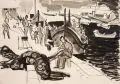 Erhard Hippold, Beim Netzeflicken / Am Bodden / Ostseehafen / Fischer beim Einbringen der Boote. Wohl 1950er/1960er Jahre