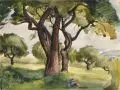 Richard Dreher, Sitzende in weiter Parklandschaft / Adam und Eva / Beim Heumachen im Garten. Spätes 19./Frühes 20. Jh, Aquarell und zwei Federzeichnungen in Tusche