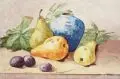 Wilhelm Dodel, Stillleben mit Pflaumen, Birnen und blauer Vase. Wohl frühe 1930er Jahre, Aquarell über Blei auf Aquarellpapier