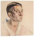 Elfriede Lohse-Wächtler, Kopf einer hageren Frau im Dreiviertelprofil, Um 1930, Aquarell über Blei auf gelblichem, leichten Karton