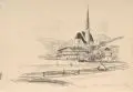 Richard Müller, Wiessee. Kirche mit Kampen, Kohlestiftzeichnung auf festem Papier