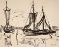 Erhard Hippold, Fischerboote / Zwei Angler / Fischer am Strand. 1951 / 1946/1952, Pinselzeichnungen in Tusche auf Aquarellkarton