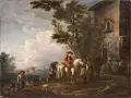 Antonio Diziani, (zugeschr.), Italienische Landschaft mit Reitern vor einem Wirtshaus. Wohl Spätes 18. Jh, Öl auf grober Leinwand