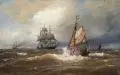 Julius Huth, Niederländisches Fischerboot und Dreimaster auf bewegter See. 2. H. 19. Jh, Öl auf Leinwand