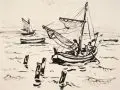 Erhard Hippold, Drei Ostseeansichten mit Fischerbooten, 1948/1950, Federzeichnungen in Tusche