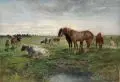 Albert Heinrich Brendel, Weidelandschaft mit Pferden und Kühen. Wohl 1860er Jahre, Öl auf Leinwand