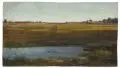 Christian Friedrich Gille, Ausgedehnte Wiesenlandschaft mit Gewässer, Um 1855/1860, Öl auf kräftigem Papier, vollflächig auf Pappe kaschiert
