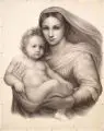Caecilie von Bohse, Sixtinische Madonna, Kohlestiftzeichnungen nach Raphael, auf weißem Papier vollflächig auf kräftiger Malpappe aufkaschiert und mit Nägeln auf Keilrahmen befestigt