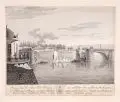 Johann Christian Benjamin Gottschick, Ruine der Dresdner Elb Brücke, von welcher den 19 Merz früh gegen 1/2 9 Uhr zwei Bogen und ein Pfeiler gesprengt wurden. Nebst den Bilde des Baumeisters Matthäus Fotius, welches dabei verlohren gieng., Nach 1816, Kupferstich auf Bütten, vollflächig auf Untersatzkarton montiert, nach einer Zeichnung von Johann Friedrich Franz Bruder aus dem Jahr 1813
