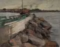 Sally Philipsen, Bootssteg am Meer. Wohl Frühes 20. Jh, Öl auf Leinwand