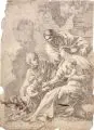 Simon Vouet, (nach), Die Heilige Familie mit der heiligen Elisabeth und dem heiligen Johannes. Wohl um 1642, Bleistiftzeichnung auf Bütten nach dem Stich von Michel Dorigny