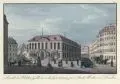 Johann Carl August Richter, Ansicht der Bilder-Gallerie u. des Gasthauses zur Stadt Berlin in Dresden, Um 1830, Umrissradierung, altkoloriert, auf Bütten
