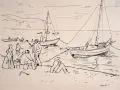 Erhard Hippold, Fischer am Strand / Hafen (Wolgast?). 1948/ Wohl 1940er Jahre, Federzeichnungen in Tusche auf wolkigem Japan bzw. "Hahnemühle"-Maschinenbütten