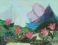 Blühende Tulpen am Tegernsee. Wohl 1970er Jahre by Renate Drescher-Partheter, Applikation (verschiedene Textilien und Garne) auf Baumwollvlies, sold Mar 2022
