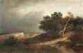 Heinrich Vosberg, Heidelandschaft mit Wanderer und aufziehendem Gewitter, 1877, Öl auf Leinwand
