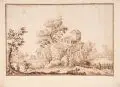 Remigio Cantagallina, (in der Art von), Flusslandschaft mit Haus und Ruinen. Wohl 1. H. 17. Jh, Federzeichnung in brauner Tusche auf Bütten, vollflächig auf ein Trägerbütten montiert