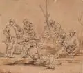 Cornelis de Wael, Unbekannter Zeichner, Rastende Galeerensklaven. 18. Jh, Federzeichnung, teils farbig laviert, auf leichtem Karton mit Wasserzeichen