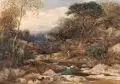William James Callcott, Felsiges Gewässer in bewaldeter, schottischer Berglandschaft. Mitte 19. Jh, Aquarell auf kräftigem Papier