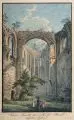 Karl Friedrich Moritz Müller, Innere Ansicht der Kirch=Ruine auf dem Oybin, 1824, Umrissradierung, in Wasserfarben koloriert