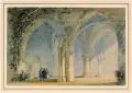 William Henry Pyne, (zugeschr.), Reisende in einer sonnendurchfluteten Abteiruine. 1. Viertel 19. Jh, Aquarell