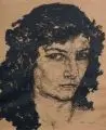 Hans Unger, Frauenporträt, en face mit schulterlangem Haar, Lithografie auf braunem Papier