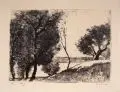 Lesser Ury, Baumbestandenes Ufer am märkischen See, 1919, Radierung auf chamoisfarbenem Papier