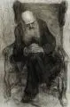 Hans Thoma, Deutscher Zeichner, Bildnis Hans Thoma im Ohrensessel (?), Um 1920, Kohlestiftzeichnung auf bläulichem Bütten