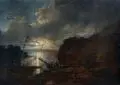 Johann Christian Klengel, Uferlandschaft mit Segelbooten bei Vollmond. 1772 oder 1774, Öl auf Holz