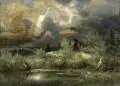 Eduard Emil August Leonhardi, Aufsteigendes Gewitter in sumpfiger Ebene, 1894, Öl auf Holz, Bildträger aus zwei Holzplatten mittels horizontal verlaufender Federverbindung zusammengefügt sowie verso parkettiert
