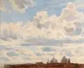 Johan Christian Clausen Dahl, Deutscher (?) Romantiker, Blick über die Dächer von Rom mit der Piazza del Popolo, Wohl 1832, Öl auf Leinwand, vollflächig auf Malpappe kaschiert