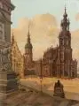 Fritz Leopold Hennig, Dresden – Blick von der Brühlschen Terrasse auf Hofkirche und Georgentor. 1930er/1940er Jahre, Öl auf Sperrholz