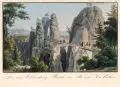 Johann Carl August Richter, Die neue Verbindungs- Brücke von Alt- und Neu- Rathen, Um 1830, Umrissradierung, altkoloriert, auf Bütten