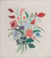 Renate Drescher-Partheter, Blumenstrauß / Sommerblumen in einer Vase. Frühe 1950er Jahre, Applikationen (verschiedene Textilien und Garne) auf Baumwollstoff über Bleistiftzeichnung