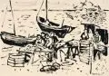 Erhard Hippold, Ostseefischer beim Fischeputzen am Strand / Fischer beim Einholen der Boote. 1952– 1953, Pinselzeichnungen in Tusche