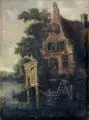 Cornelis Gerritszoon Decker, (Kopie nach), Flusslandschaft mit einem Bauernhaus. Wohl frühes 18. Jh, Öl auf Holz, aus zwei horizontal gefügten Tafeln bestehend (verso alte Leinwandkaschierung an der Fuge)
