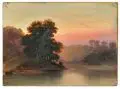 Woldemar Hottenroth, (in der Art von), Abendliche Flußlandschaft. 1870er Jahre, Öl auf Leinwand, auf einen Keilrahmen im Randbereich klebemontiert