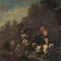 Albertus Verhoesen, (zugeschr.), Hahnenkampf / Federvieh mit Hund und Katze. 1. H. 19. Jh./Mitte 19. Jh