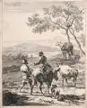 Cornelis Visscher II, Ein Hirte und eine Frau auf einem Esel, daneben ein Hund, vor ihnen eine Herde in einer Landschaft, 1650/1660, Radierung auf Bütten nach Nicolaes Berchem