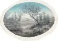 H. Byk, Abendlicher See, 1862, Pinsel- und Federzeichnung, partiell eiweißgehöht, auf Karton
