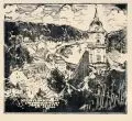 Siegfried Berndt, Blick auf Königstein, Sächsische Schweiz. Wohl um 1920, Holzschnitt auf wolkigem Bütten