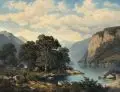 Adolf Mosengel, Blick auf den Vierwaldstättersee mit Schillerstein und den verschneiten Bristen, 1859, Öl auf Leinwand