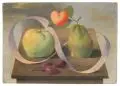 Wilhelm Dodel, Stillleben mit Apfel, Birne und Herz, 1936, Öl und Grafit auf grober Leinwand, von Künstlerhand vollflächig auf eine kräftige Holzplatte recto und verso montiert, allseitig weiß grundiert