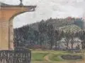 Richard Dreher, Schloss Pillnitz – Blick vom Bergpalais auf die Borsberghänge. 1. Viertel 20. Jh, Öl auf Malpappe