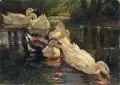 Rudolf Schramm-Zittau, (zugeschr.), Enten im Teich. Um 1910er Jahre, Öl auf Malpappe