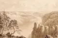 Robert Batty, (oder nach), Blick ins Elbtal von der Bastei in der Sächsischen Schweiz nach Westen. 19. Jh, Pinselzeichnung in brauner Tusche, partiell weiß gehöht