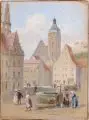 Albert Ernst Mühlig, Pirna – Blick auf den Markt mit Canalettohaus und Marienkirche. Wohl 1890er Jahre, Gouache über Blei auf Malpappe, mit Einfassungslinien in Blei