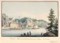 Meser'sche Kunst- und Musikalienhandlung, Vue de Hirniskretschen dans la Suisse Saxonne, Um 1830, Umrissradierung, altkoloriert, auf Bütten